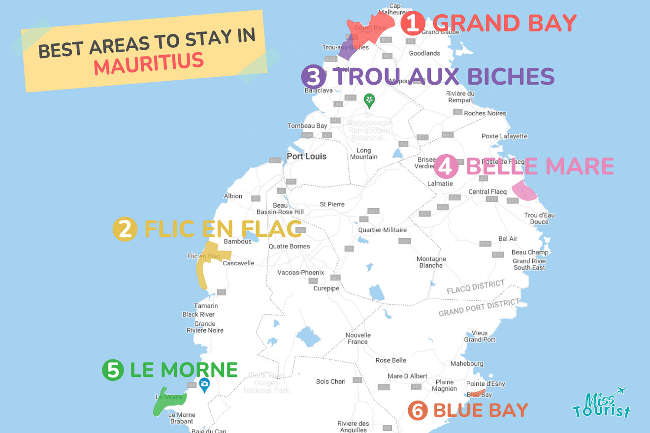 Map of best places to stay Mauritius